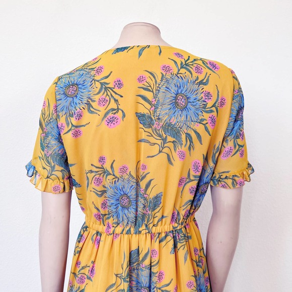 [Madewell] Sweetgrass Ruffle-Sleeve Dress Painted Blooms Yellow V-Neck Size 6 - Picture 5 of 12